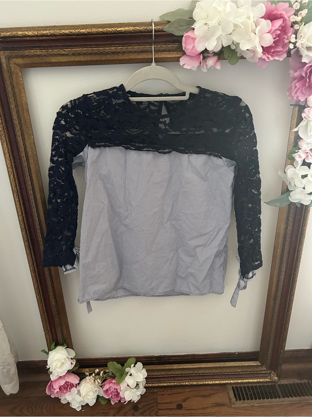 J. Crew Navy Lace & Light Blue Stripe Blouse